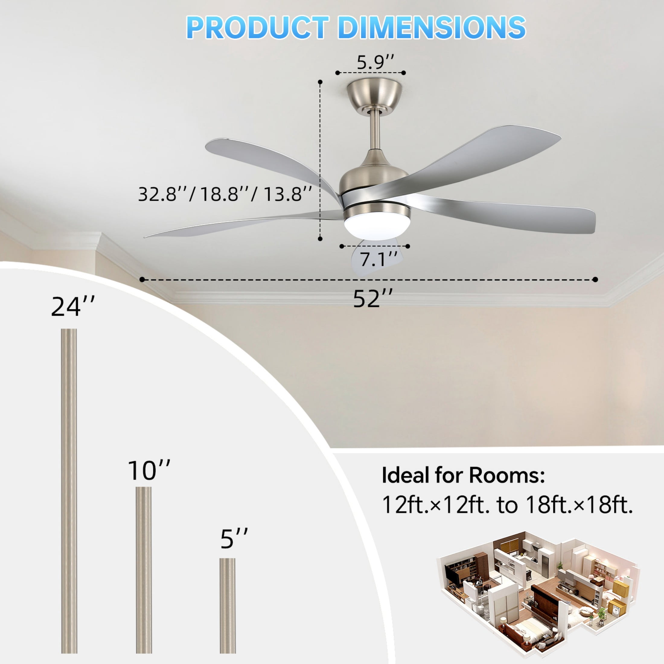 Sofucor 52" Smart Ceiling Fan, Indoor/Outdoor Ceiling Fans with Lights and Remote, Works with Alexa/Google/App, 3-Color Light 6-Speed Timing