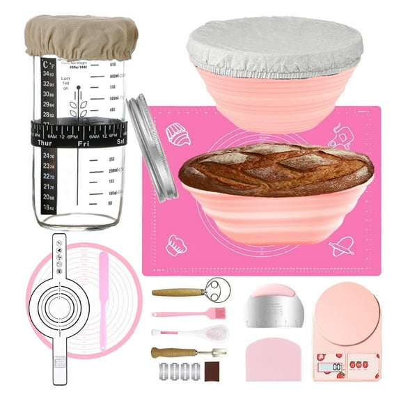 Sourdough Starter Kit, Sourdough Bread Baking Supplies, Sourdough Kit, Bread Making Tools and Kit, Bread Proofing Baskets, Sourdough Starter Jar, Beginner Friendly Sour Dough Kit (Cute Pink) Wahoukei