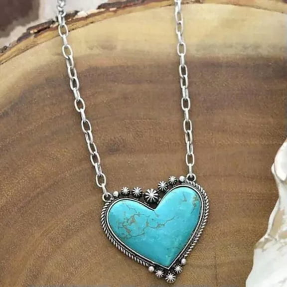 HOOUN Vintage Faux Turquoise Heart Shape Pendant Necklace Bohemian Jewelry Women Boho