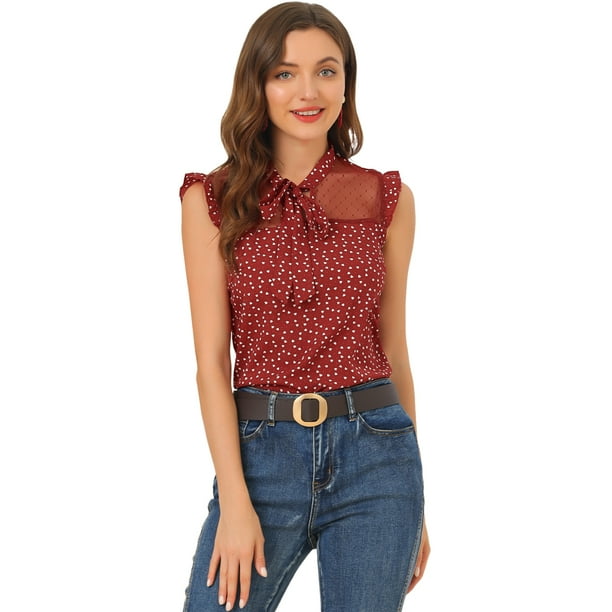 Allegra K Blusa De Trabajo Con Lazo Transparente De Malla Sin Mangas Con Volantes Vintage Y Estampado De Corazones Para Mujer Borgo?a XS