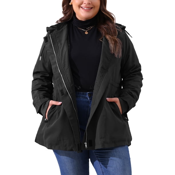 Chaqueta de lluvia para mujer de tallas grandes Agnes Orinda, impermeable, forrada de forro polar, con capucha, abrigo largo con bolsillos, 3X negro