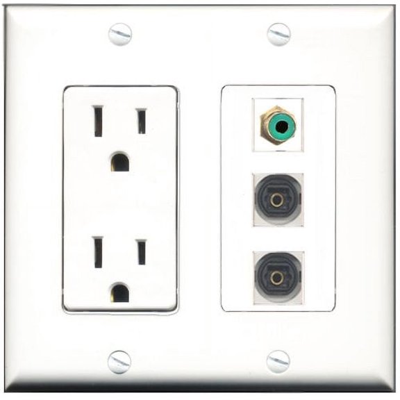 RiteAV - 15 Amp Power Outlet 1 Port RCA Green 2 Port Toslink Decorative Wall Plate