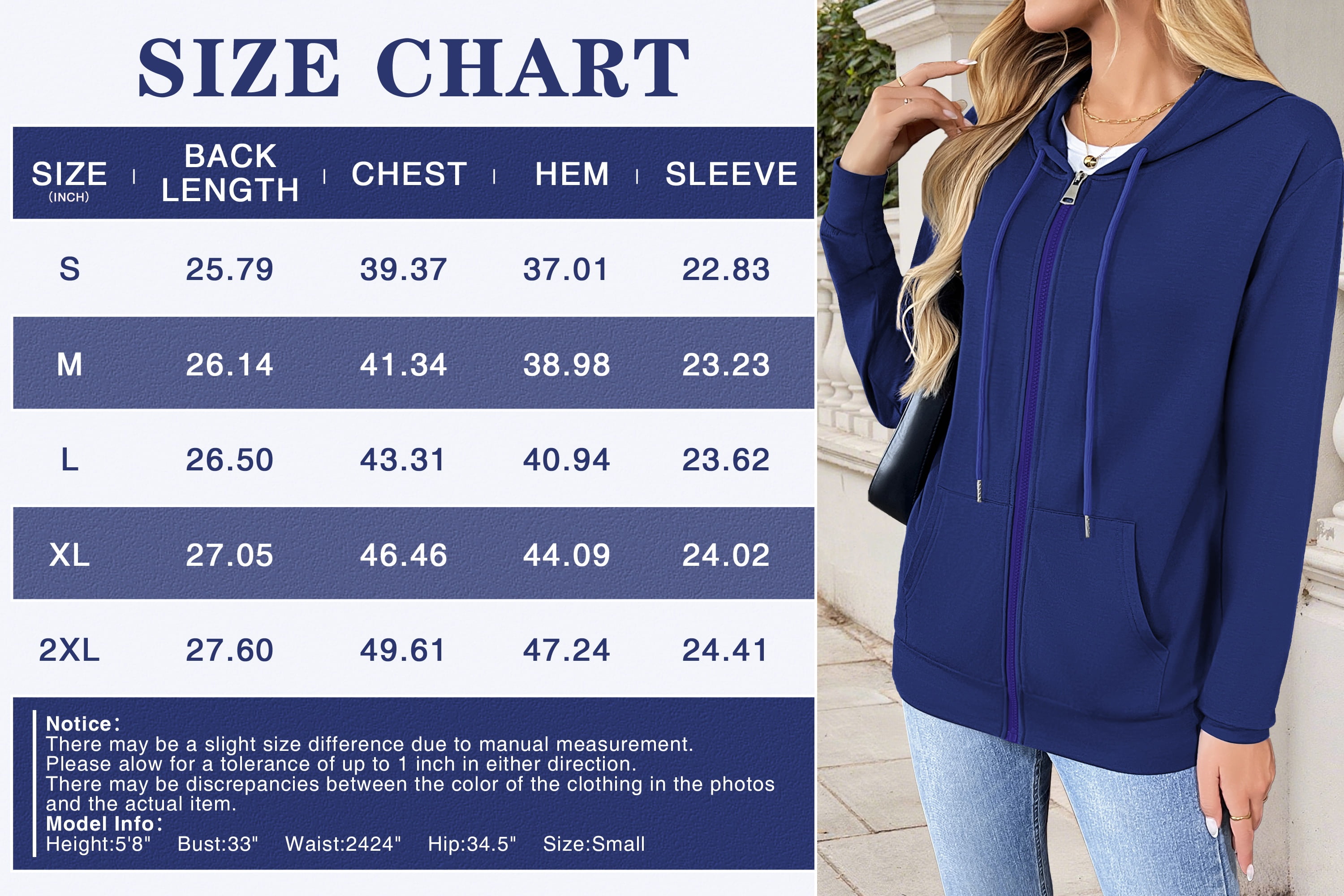 HOWCOME Basic Lightweight Full Zip Hoodie for Women Long Sleeve Thin Cardigan Jacket Drawcord Hooded Sweatshirt with Pockets, Royal Blue Medium