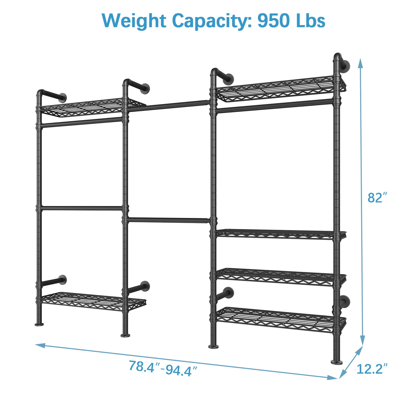 Timate P6 Medium Clothes Rack Closet Organizer System Set Wall Mounted Fits  Space 5.3-8.3 ft, Black