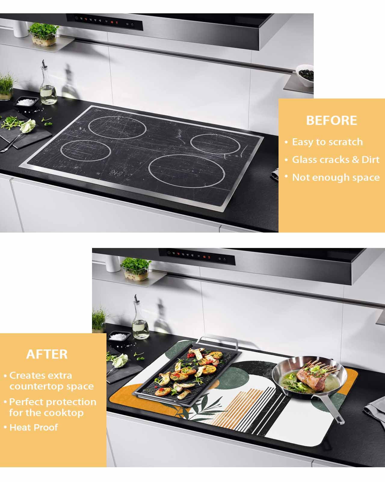 nqOlkjepod Large Induction Cooktop Protector Mat 24"x21", Boho Middle Century Stove Top Covers for Electric Stove, Abstract Orange Geometric Botanical Stove Burner Cover Mats, Glass Top Stove Cover