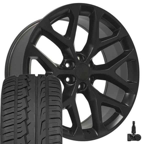 OE Wheels CV98 24 Inch Rims and Tires Fit Silverado 1500 Snowflake Style 6x139.7 24x10 Satin Black - Hollander 5668 - iMove Gen2 AS 305/35-24 (Set of 4)