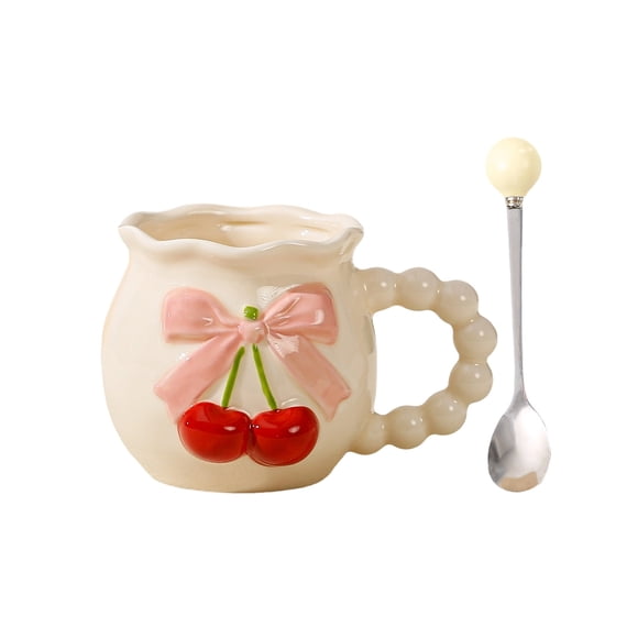 COM1950s Ceramic Mug, 15 oz Coffee Mug for Office and Home, White and Beige Classic Cup with Spoon