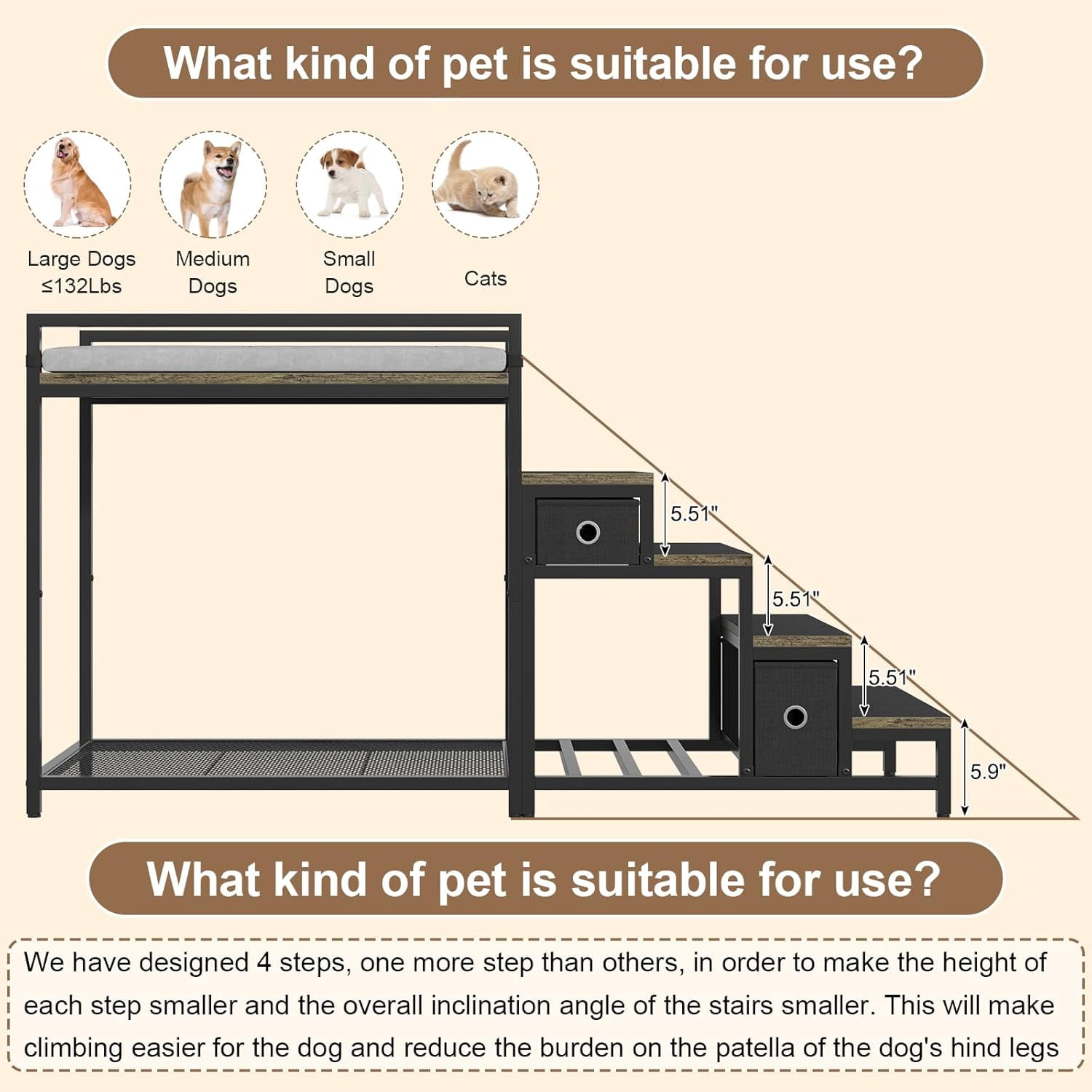 Dog Window Perch with Steps, Dog Bunk Bed Cat Windows Perch with Couch and 2 Fabric Drawer, Pet Bed and Pet Srairs Sets, Indoor Pet Furniture, Gray