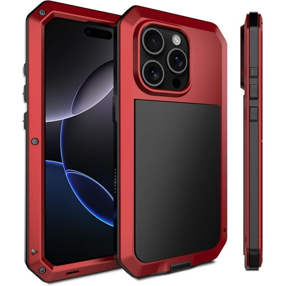 for iPhone 16 Plus Metal Case 6.7",Heavy Duty Shockproof Aluminum Alloy [Tough Armour] Military Phone Case,360 Full Body Protective Cover with Silicone Built-in Screen Protector - Red