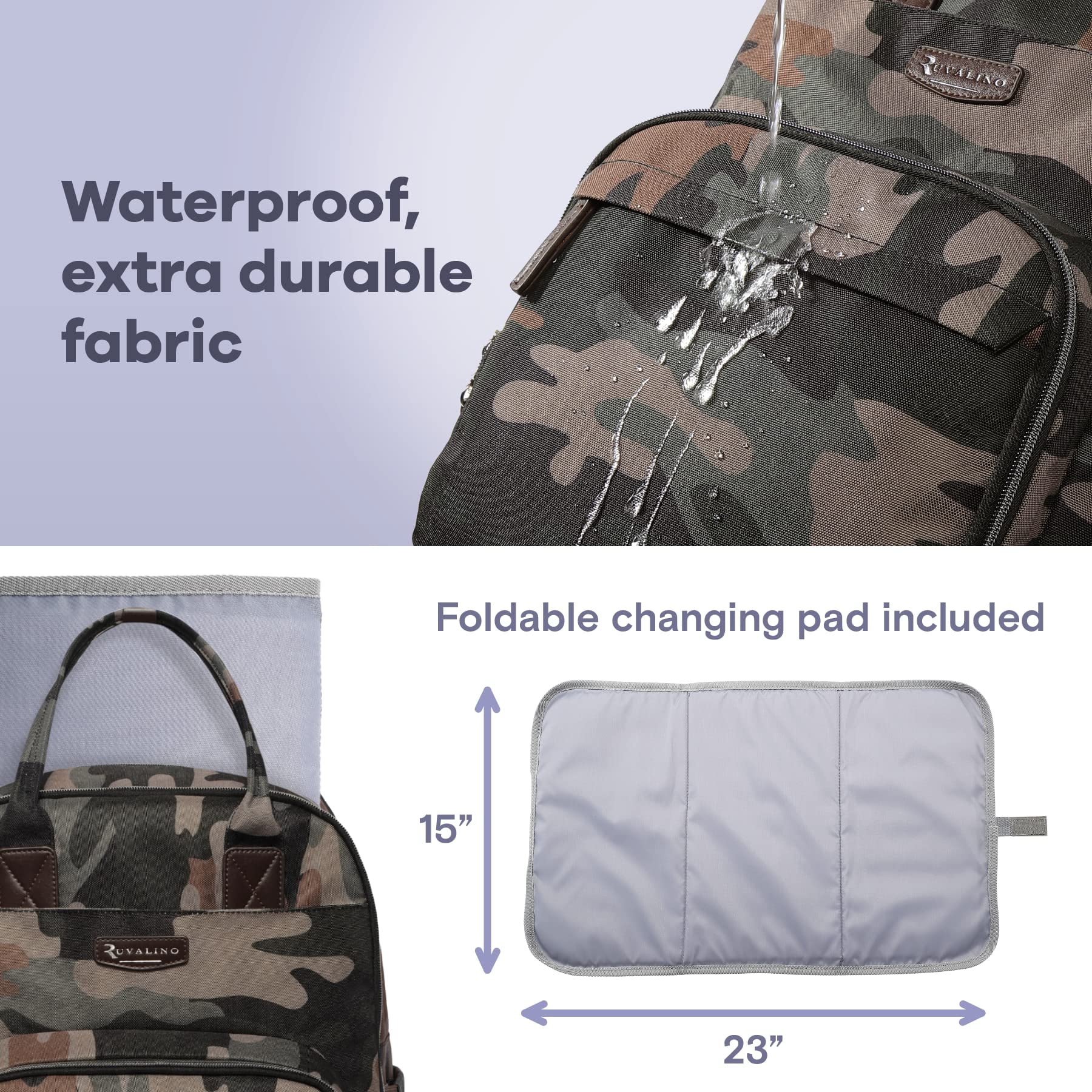 Ruvalino Baby Diaper Backpack for Infants and Toddlers, Travel Bag with Extra Durable Fabric and Foldable Changing Pad, Waterproof, Green Camo