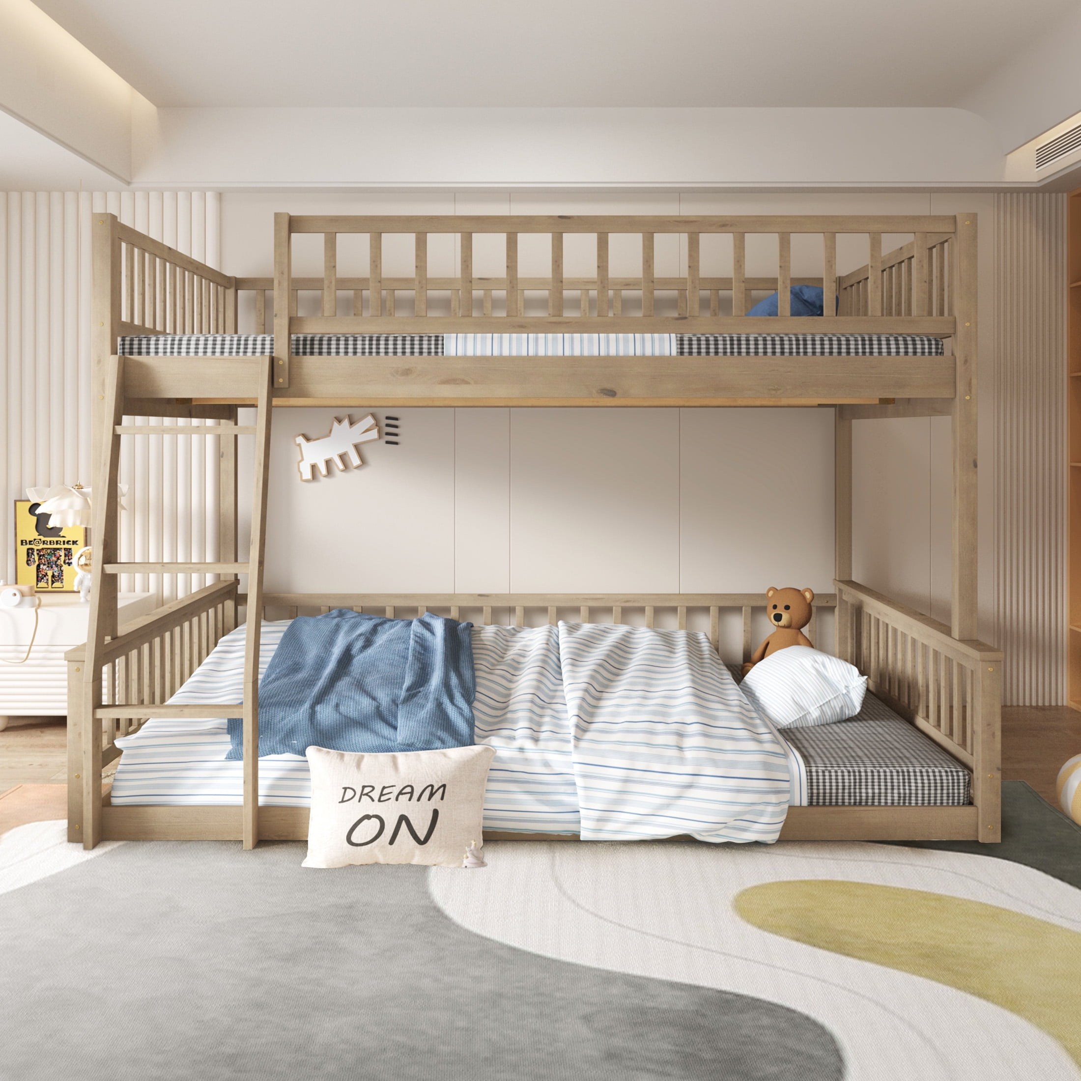 Aukfa Heavy Duty Full over Queen Bunk Bed with High Guardrail, Convertible 2 Beds for Kids, Teens and Adults, Walnut