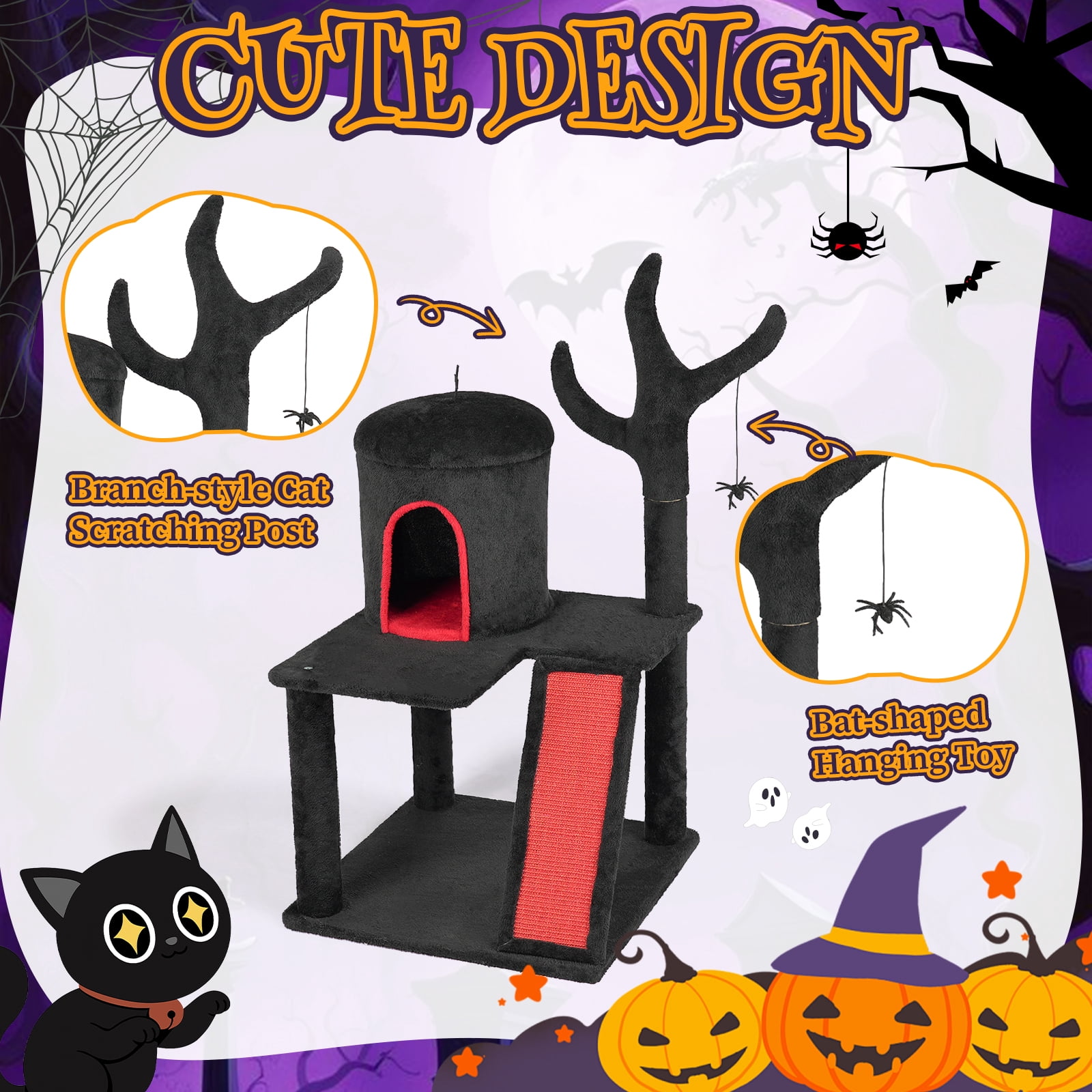 Zimtown 2-Level Halloween Cat Tree, Black & Red Pet Furniture with Scratching Post & Hideout
