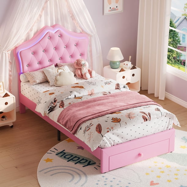 Yeshouse estructura de cama individual de princesa con cajones de almacenamiento y luces LED, tapizada en terciopelo con botones de cristal, silenciosa y sin necesidad de somier, ideal para niños