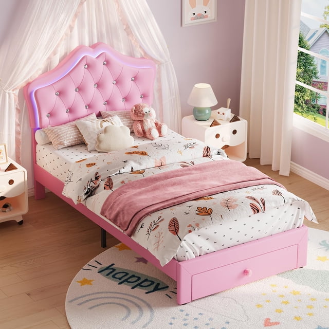 Yeshouse estructura de cama individual de princesa con cajones de almacenamiento y luces LED, tapizada en terciopelo con botones de cristal, silenciosa y sin necesidad de somier, ideal para niños