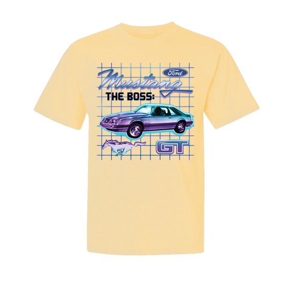 Wild Bobby, Ford Mustang GT The Boss Retro Neon Vintage, Cars and Trucks, Garment-Dyed Washed Look Short Sleeve Tees, Banana, Small