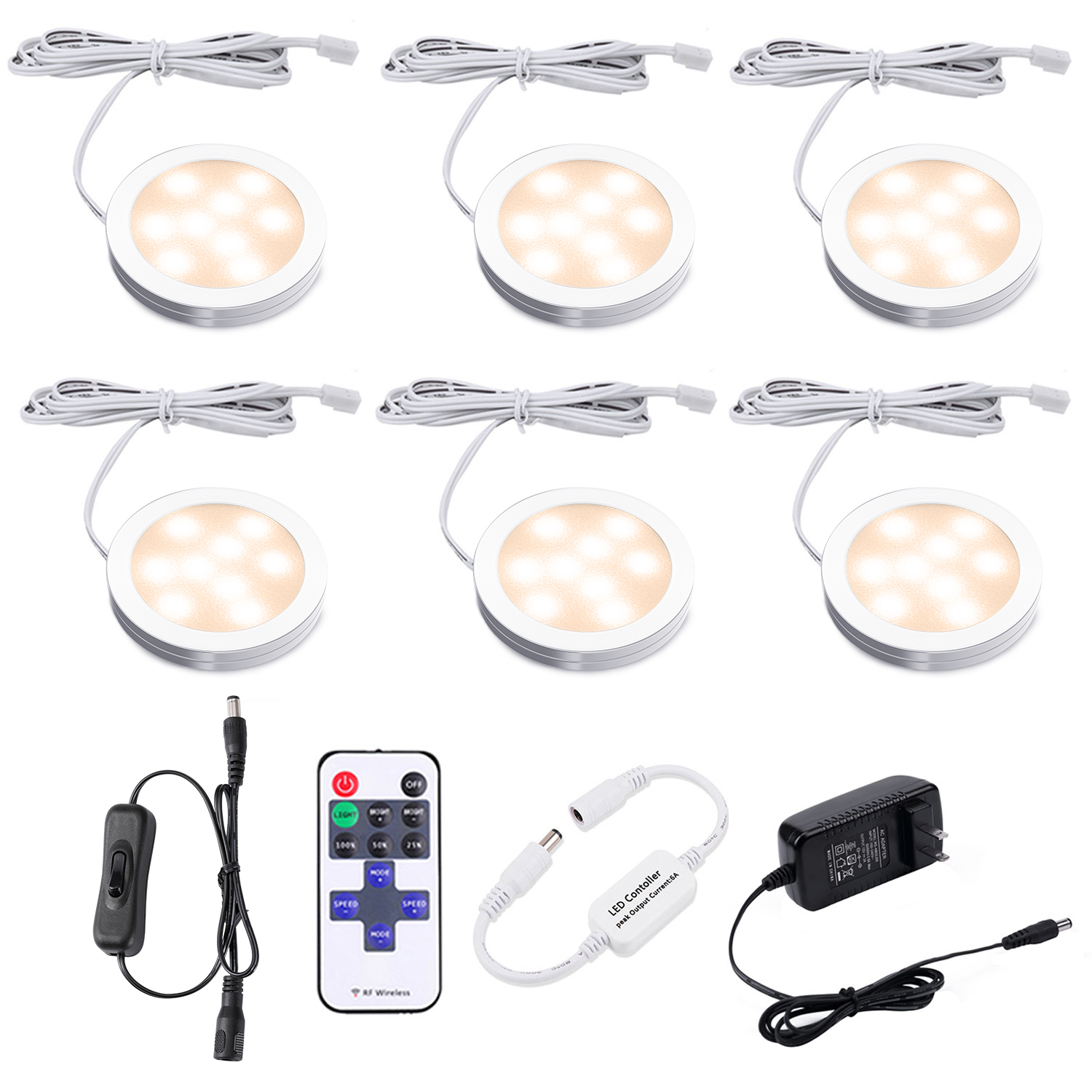 Aiboo Dimmable LED Under Cabinet Lighting Kit with Wireless Remote, 6 Ultra Slim Puck Lights, 12V Plug-in, Warm White