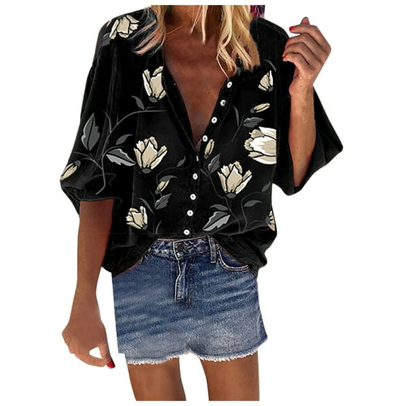 Honeeladyy Sales Buttons Shirt Womens Floral Blouse Tops Classic Flower Leaf Graphic Print V Neck Summer Loose Casual T Shirt
