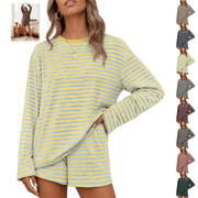 LRGSHF 2 Piece Striped Lounge Set for Women Long Sleeve Tops Casual Wide Leg Shorts Loose Matching Pajamas Outfits