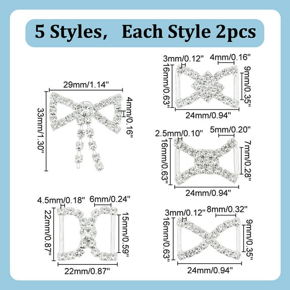 1set 10pcs 5 styles Iron & Brass Brass Rhinestone Shoe Decoration Shoe Buckles for Loafer Shoes Silver 16~33x22~29x2.5~4.5mm Hole: 7~15x4~8mm 2pcs/style