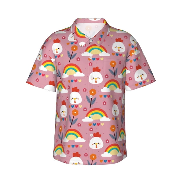 Balery Cartoon Chicken Camisas hawaianas de manga corta para hombre, camisas playeras de corte holgado, camisas de vacaciones con botones,Large