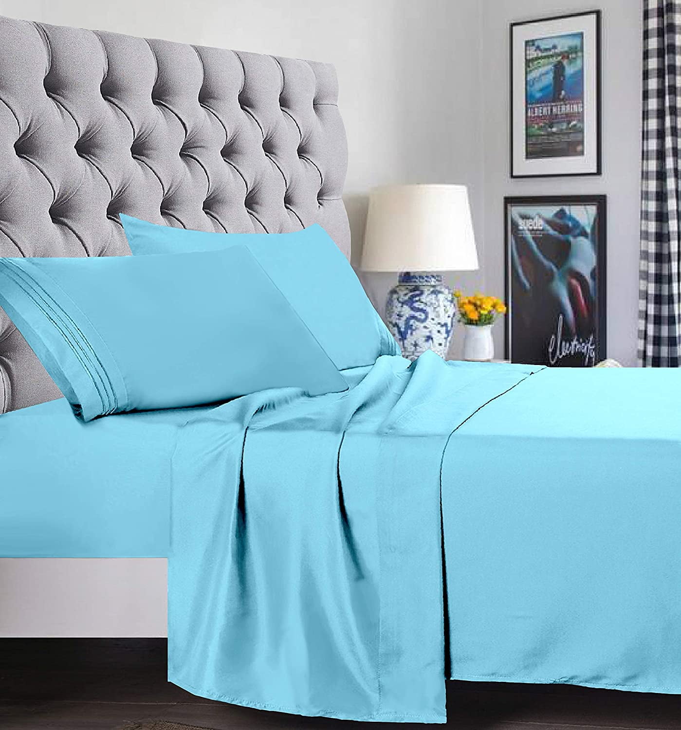 Bed Sheets Set, 1500 Series Deep Pocket 4 Piece Bed Sheet Set, Microfiber, Twin/Twin XL, Aqua Blue