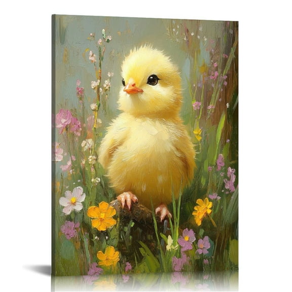 Vintage Easter Chicken Print Wall Art, Lovely Yellow Chicken Picture Posters Wrapped Canvas Wall Decor Artwork Painting for Bedroom, Living Room,Bathroom, Office Classic Home Decor Gifts