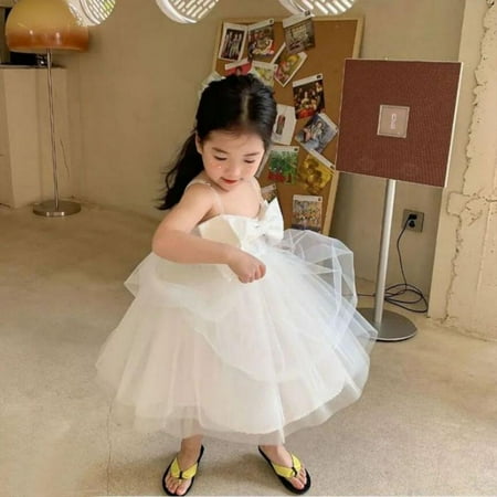 

Bullpiano Summer Sweet Girls Chiffon Dress Knee-Length Bow Ball Gown Sling Puffy Princess Dress Voile Dresses For Kids Party Gift