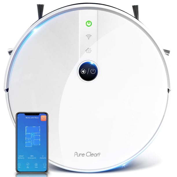 Aspiradora robótica Pure Clean - Succión de 1100 Pa - Aplicación móvil Wifi y mapeo de giroscopio - Altura ultradelgada de 2,9 limpia alfombras y pisos de madera - PUCRC455
