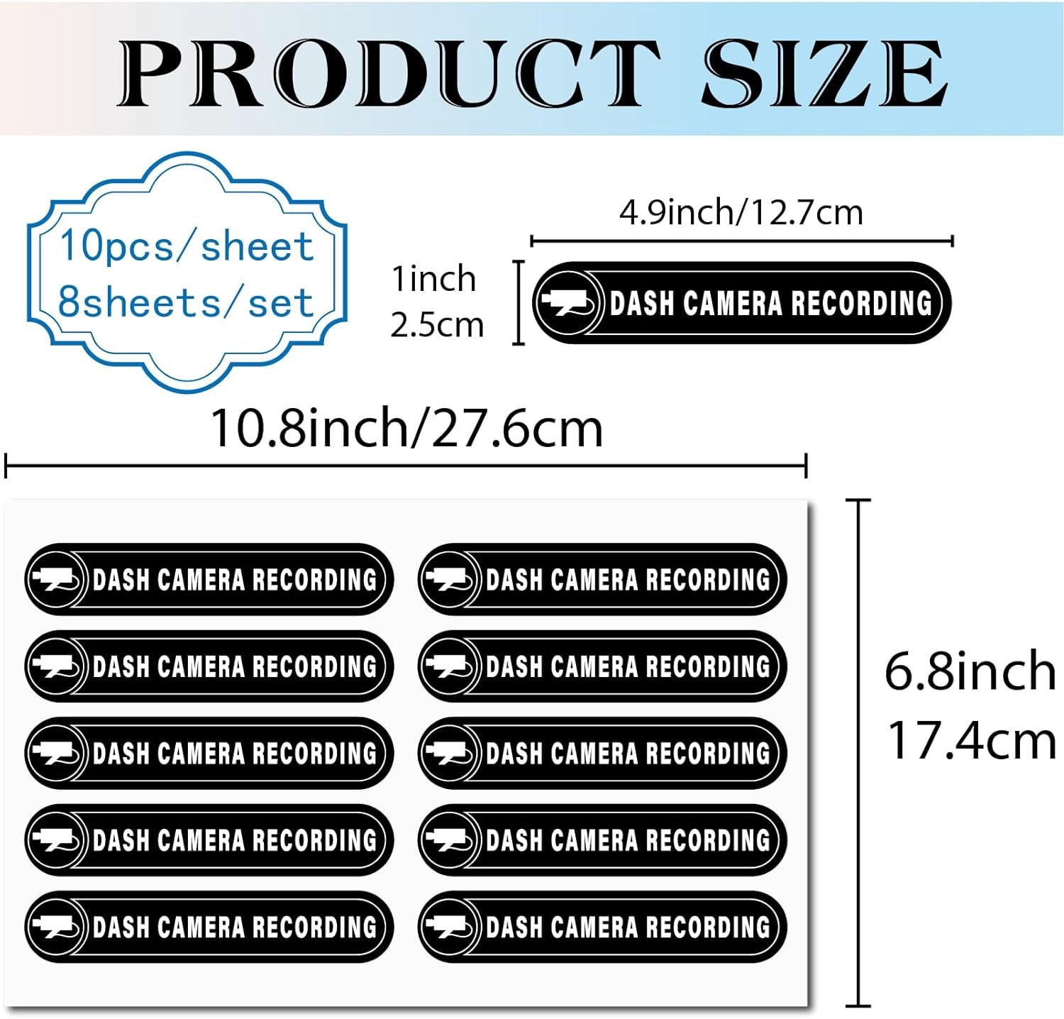 Dash Cam Recording in Car Camera Decal Sticker Vinyl for Car Boat Laptop Choose Size Color (8'' x 2.4 (20.3cm x 6cm), Red
