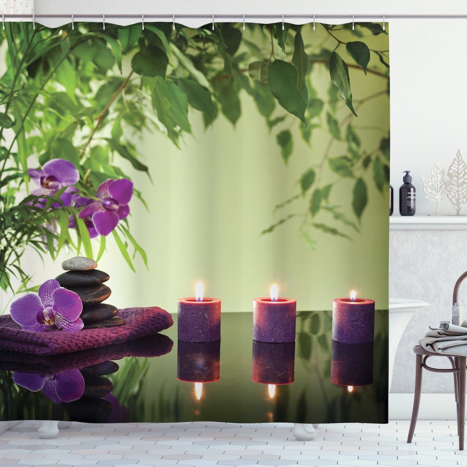 Spa Shower Curtain, Zen Stones Aromatic Candles and Orchids Blooms