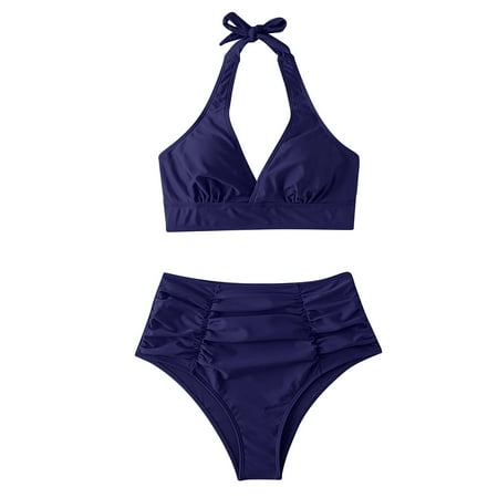 Thong Bikini Swimsuit for Women Solid Color Halter Ruched Padded Split Sexy Swimsuits