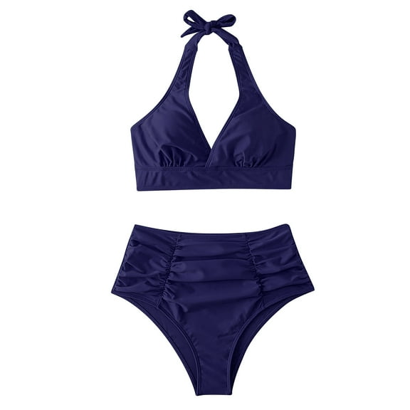 Odeerbi Halter Swimsuits for Women Erogenous With Chest Pad Without Underwire Solid Ruched Bikini Split Swimsuit Navy