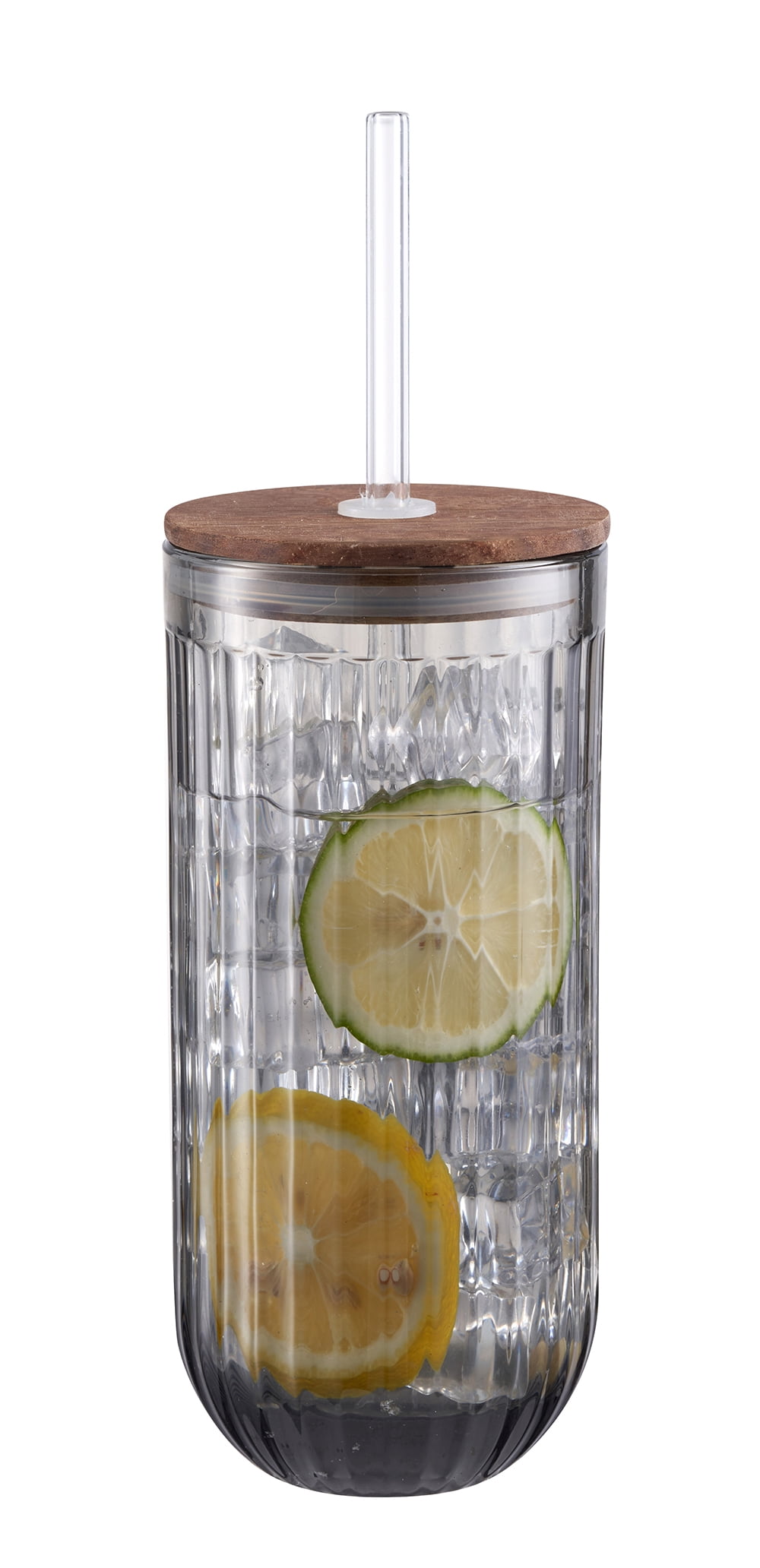 Better Homes & Gardens 20 oz Ribbed Smoke Glass Sipper with Acacia Wood Lid and Borosilicate Glass Straw