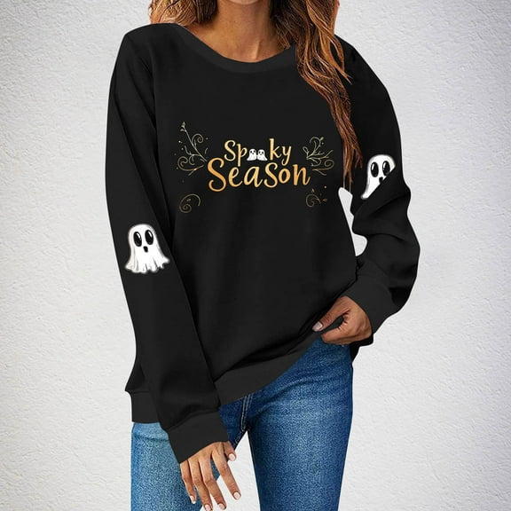 FDGIU Women's Halloween Sweatshirt 2025 - Spooky Ghost and Pumpkin Graphic Long Sleeve, Cute Fall Pullover Top, Funny Crewneck Cozy Seasonal Fashion