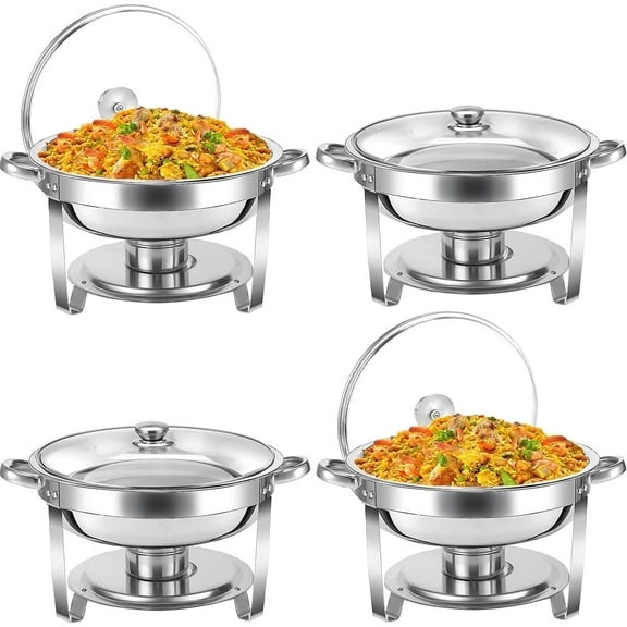 5QT Chafing Dish Buffet Set 4 Pack, Round Chafing Dishes for Buffet with Glass Lid & Lid Holder, Serving Utensils, Stainless Steel Chafers for Catering for Dinner, Parties, Wedding, Camping