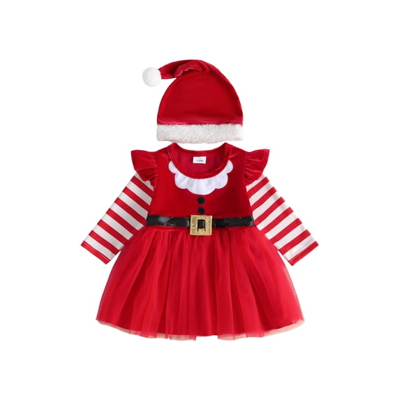 LuminaSustain Infant Baby Girl Christmas Dress 3 6 9 12 18 24 Months Long Striped Sleeve Tulle Dresses with Santa Hat