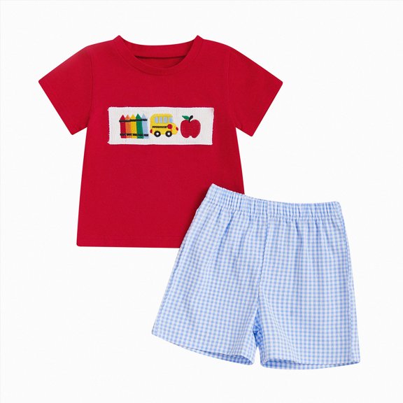 Nwiuh Back to School Toddler Baby Boy Outfit Embroidery T Shirt and Shorts Set First Day of Preschool Kindergarten Clothes (Red, 18-24 Months)