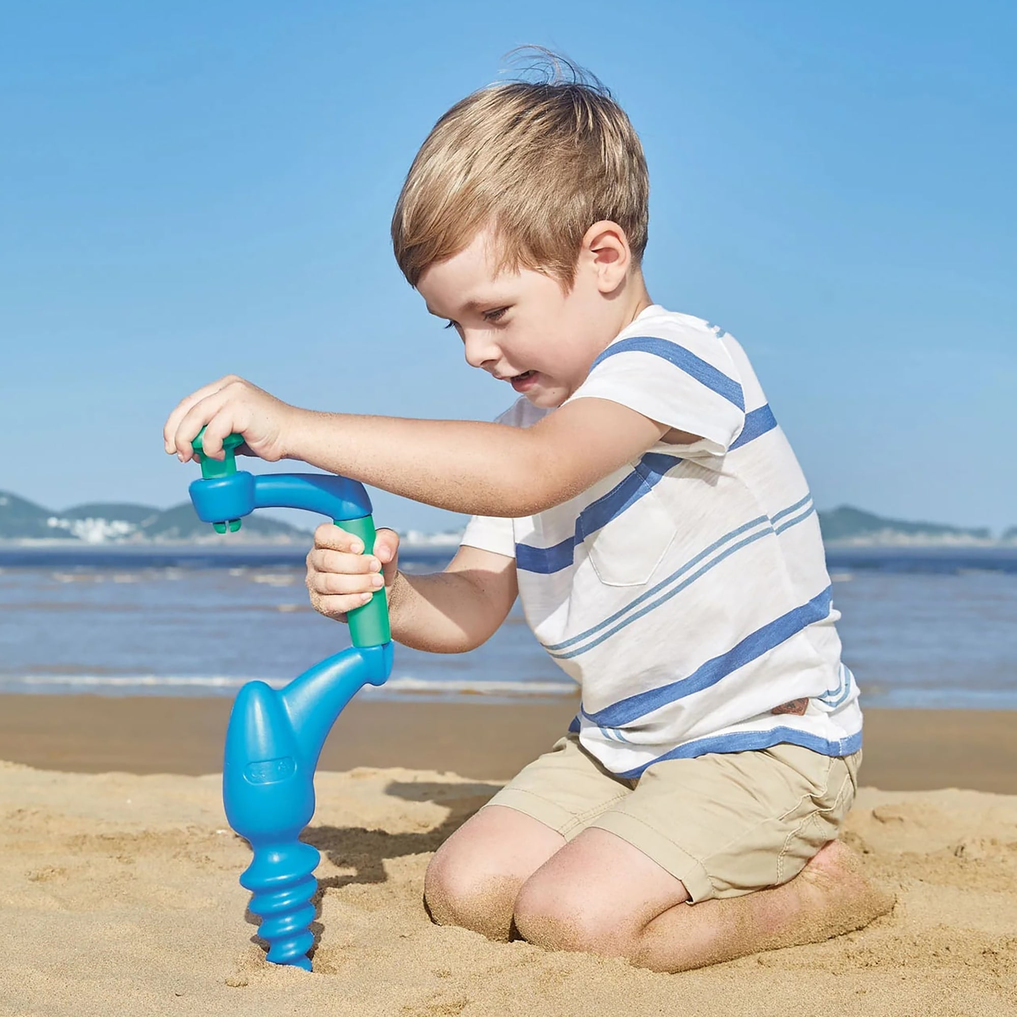 Hape: Driller - Blue - Sand & Beach Toy, Outdoor Construction Pretend Play, Drill & Bore Holes Into Sand & Dirt, Crank Turn, Kids & Toddler Ages 2+