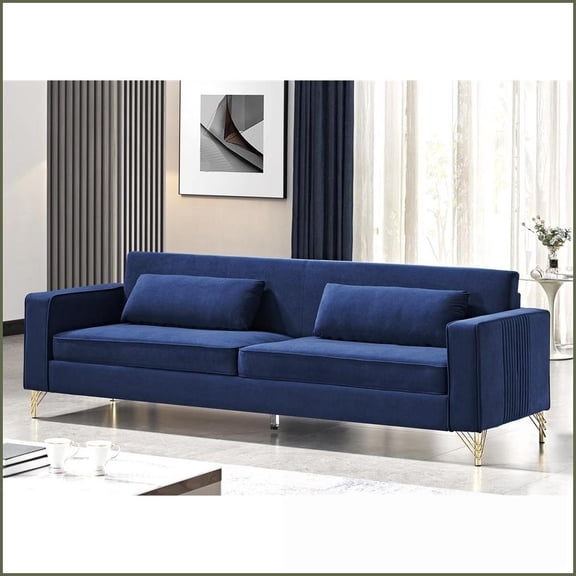 85.8" Classic Modern 3-Seater Velvet Sofa for Living Room – Soft Comfort, Easy Care | Blue | Velvet | Square Arms