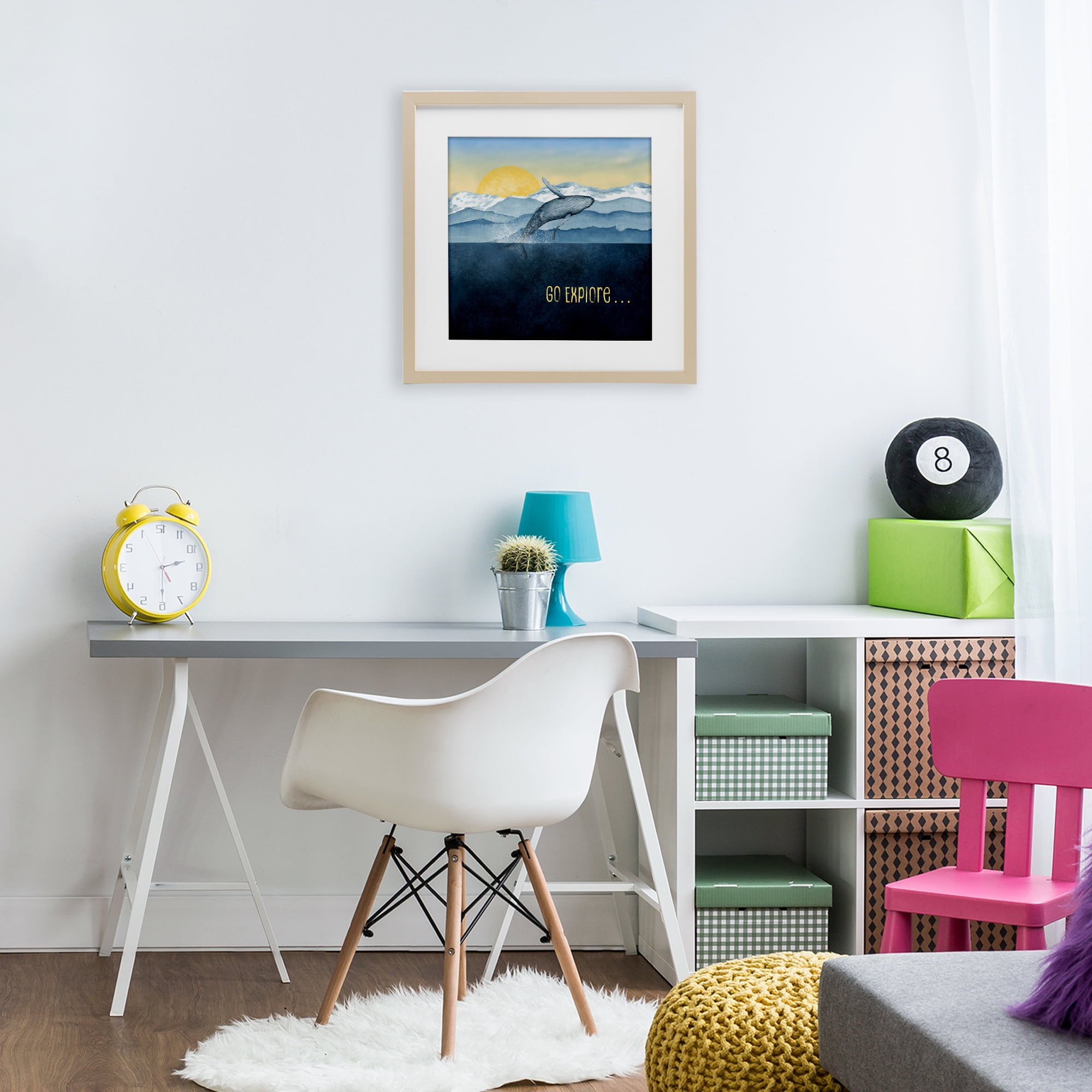 Go Explore Whale Breach Birch Framed Print Under Glass, design by Brett Blumenthal