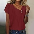 thumbnail image 5 of T-shirts for Women Plus Size Short Sleeved Button Solid Color Casual Printed Loose T-shirt Wine M, 5 of 6
