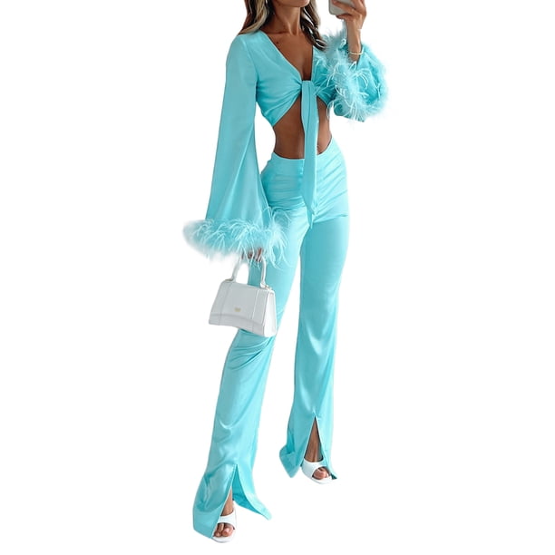 VISgogo - Conjunto de 2 piezas de moda para mujer, manga larga con puños de plumas, tops cortos con nudo y pantalones de cintura alta VISgogo moda