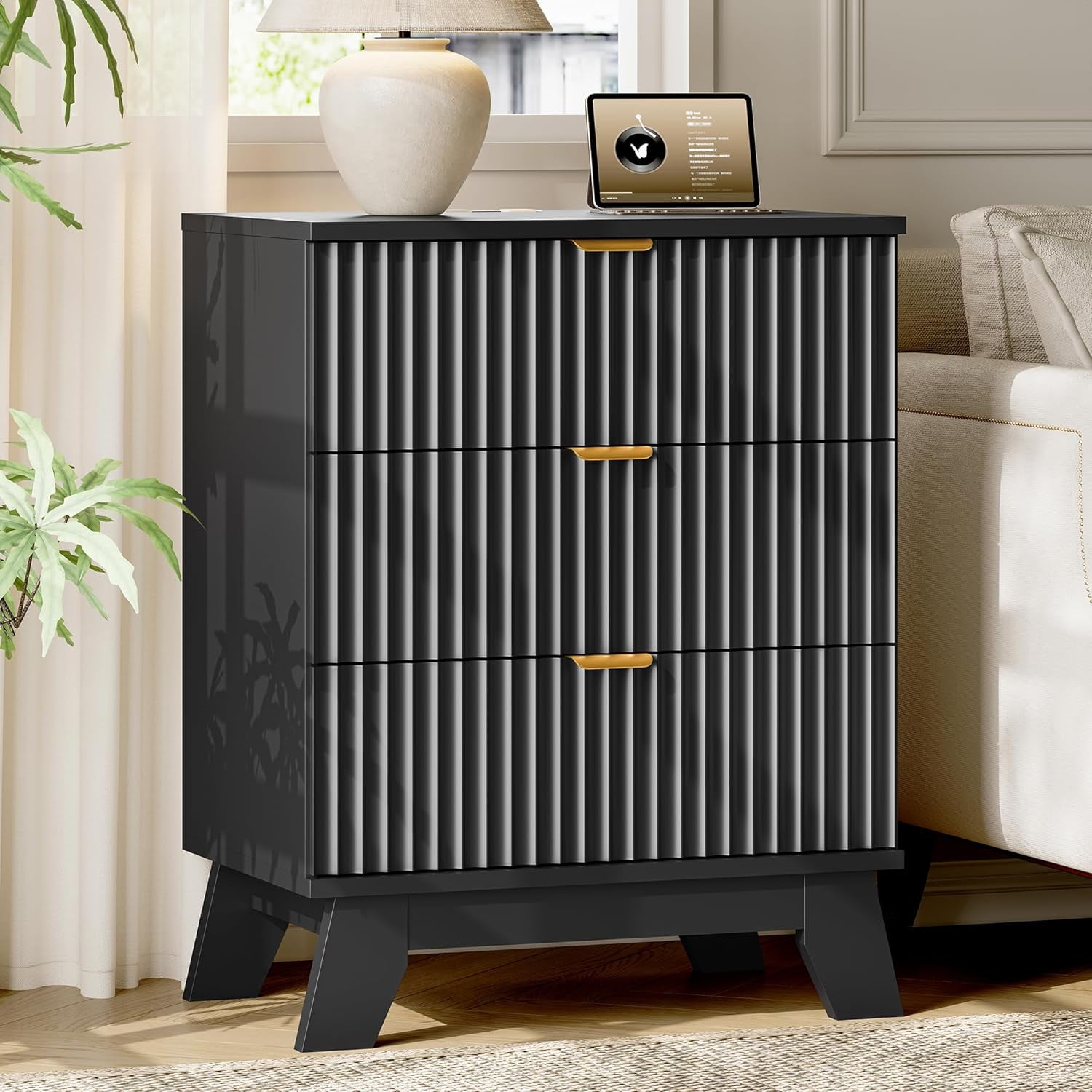 FANRAL Fluted Nightstand with Charging Station,Modern Bedside Table with Drawers,Wood End Table Small Dresser for Bedroom Living Room,Black Night Stand