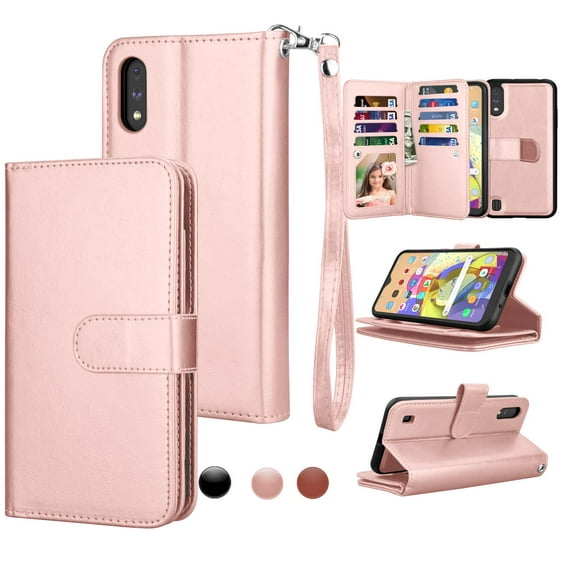 5.7" 2020 Galaxy A01 Case, Samsung Galaxy A01 Wallet Case, Njjex Luxury PU Leather 9 Card Slots Holder Carrying Folio Flip Cover [Detachable Magnetic Hard Case] & Kickstand & Hand Strap