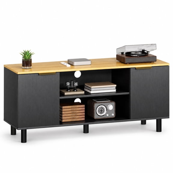 Enogets Mid Century Modern TV Stand for 65 Inch TV, Farmhouse Entertainment Center with Storage Cabinets, Adjustable Shelf & Cable Management, Wood Media Console Table for Living Room, Black