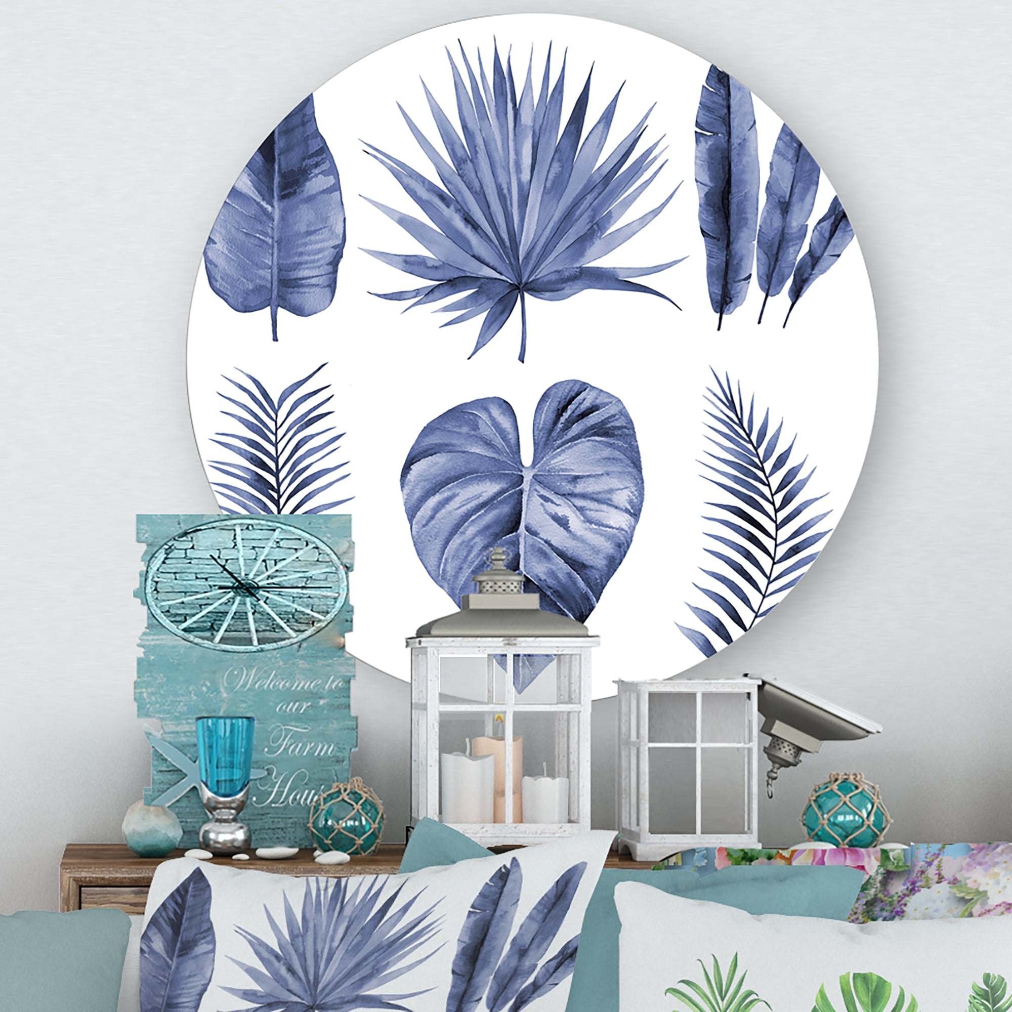 Designart 'Blue Watercolour Tropical Leaves IV' Traditional Circle Metal Wall Art 11x11 - Disc of 11