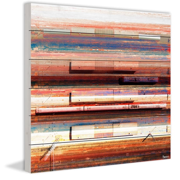 "Trains on Tracks" Painting Print on White Wood