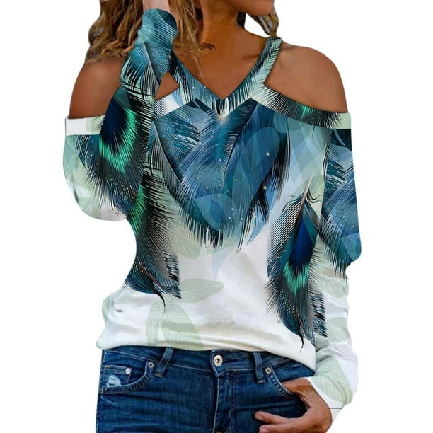 Las tapas del hombro para las mujeres Sexy Impresión digital 3D Camiseta de manga larga Primavera Cuello en V fino Jersey Túnicas Pompotops FGAJ173