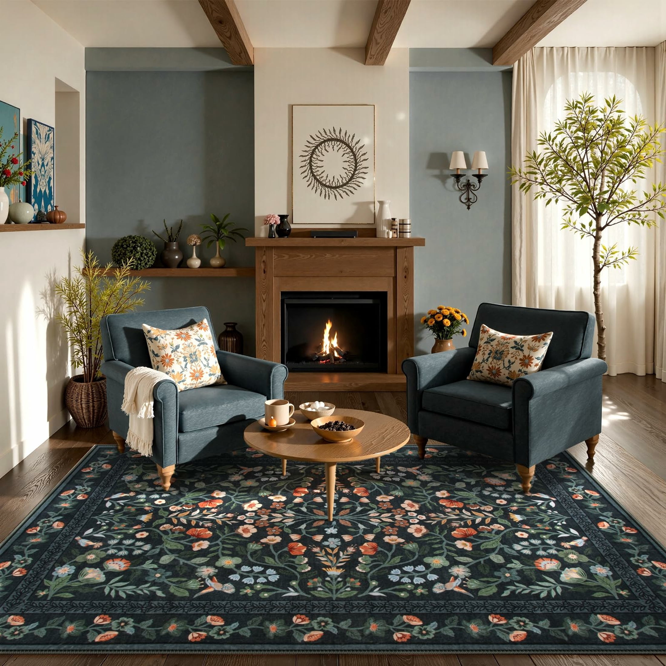 Moynesa 5'x7' Floral Area Rugs for Living Room, Washable Vintage Botanical Rugs for Bedroom, Soft Non Slip Cottagecore Flower Accent Carpet for Dining Room Dorm Apartmen, Black