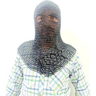 Mythrojan Chainmail Coif Medieval Knight Renaissance Armor Chain Mail Hood Viking LARP 16 Gauge, Men's, Size: Large, Black